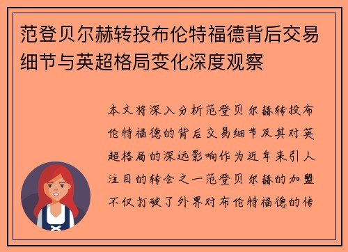 范登贝尔赫转投布伦特福德背后交易细节与英超格局变化深度观察