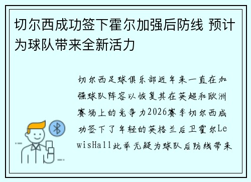 切尔西成功签下霍尔加强后防线 预计为球队带来全新活力